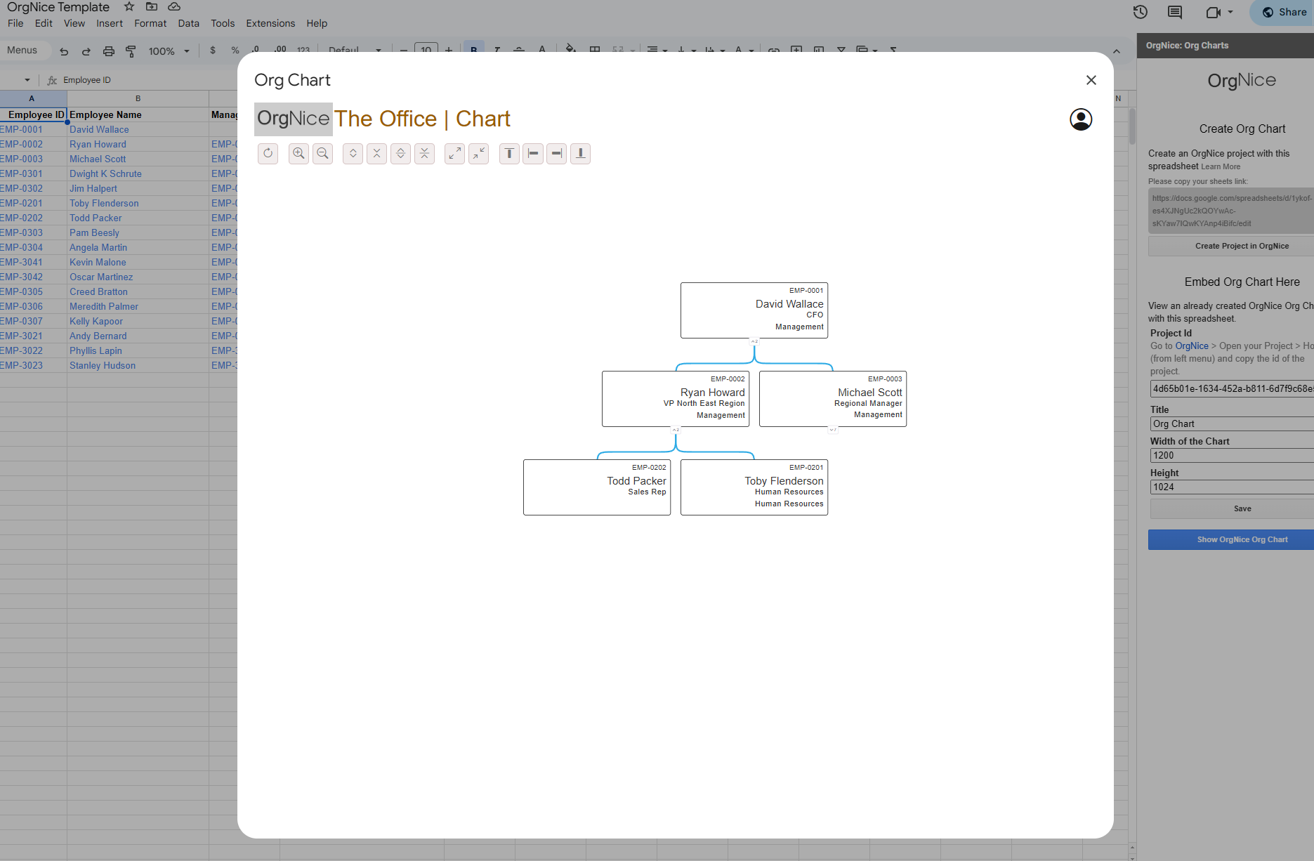 OrgNice Organizational Chart Embedded in Google Sheets