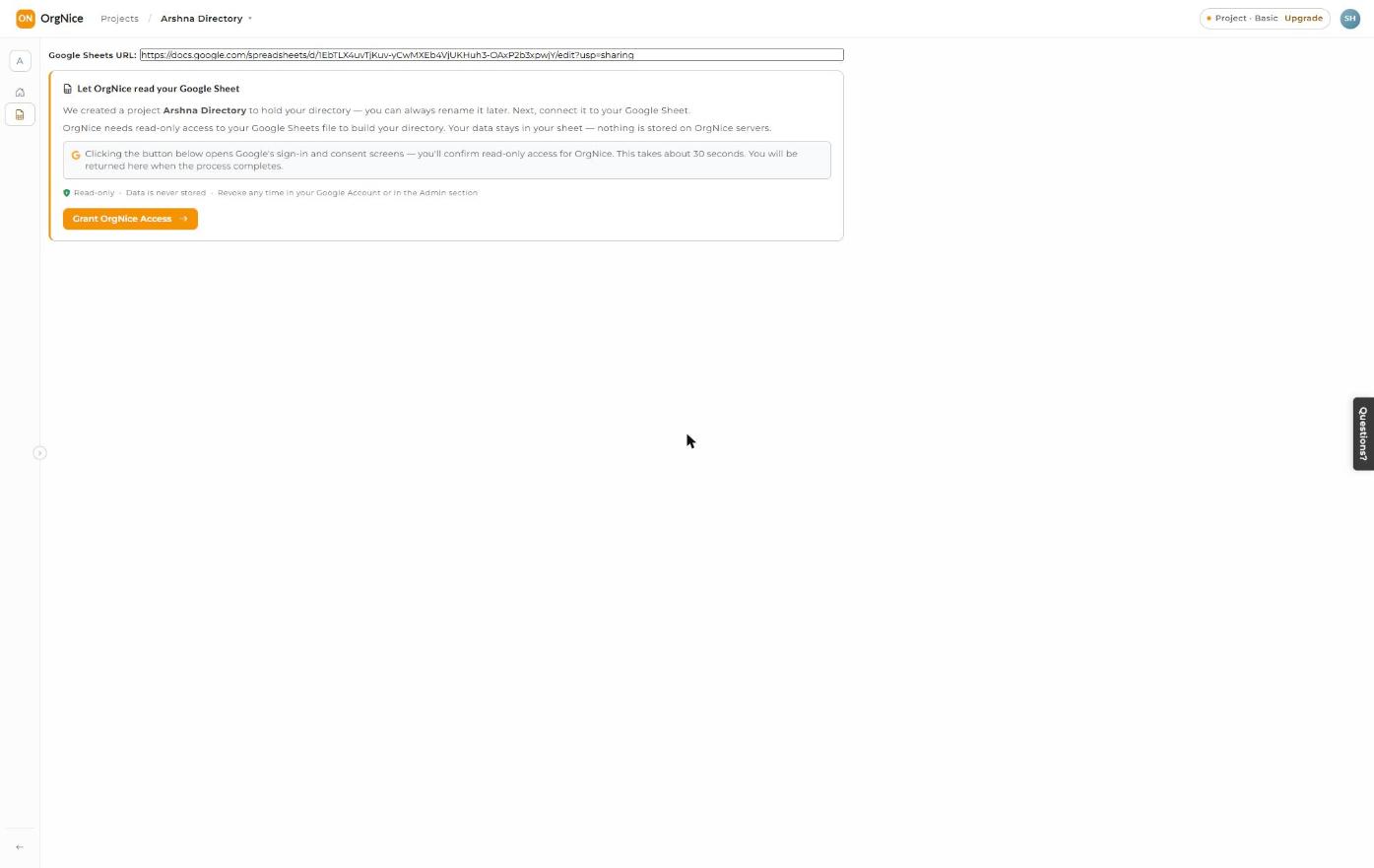 Connecting a Google Sheet to OrgNice, showing the read-only access request