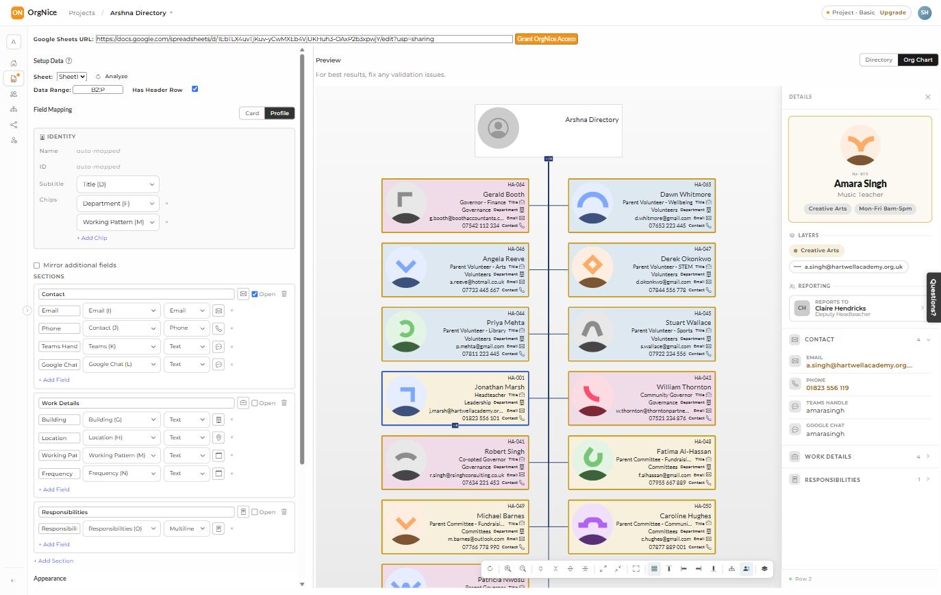 Profile tab of field mapping, showing the Identity fields and Contact/Work Details/Responsibilities sections