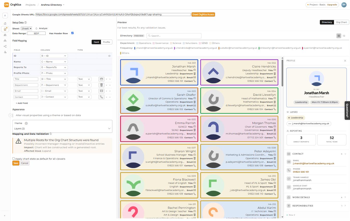 Setup screen after auto-mapping completes, showing field mapping, appearance, and a live directory preview with a profile panel open