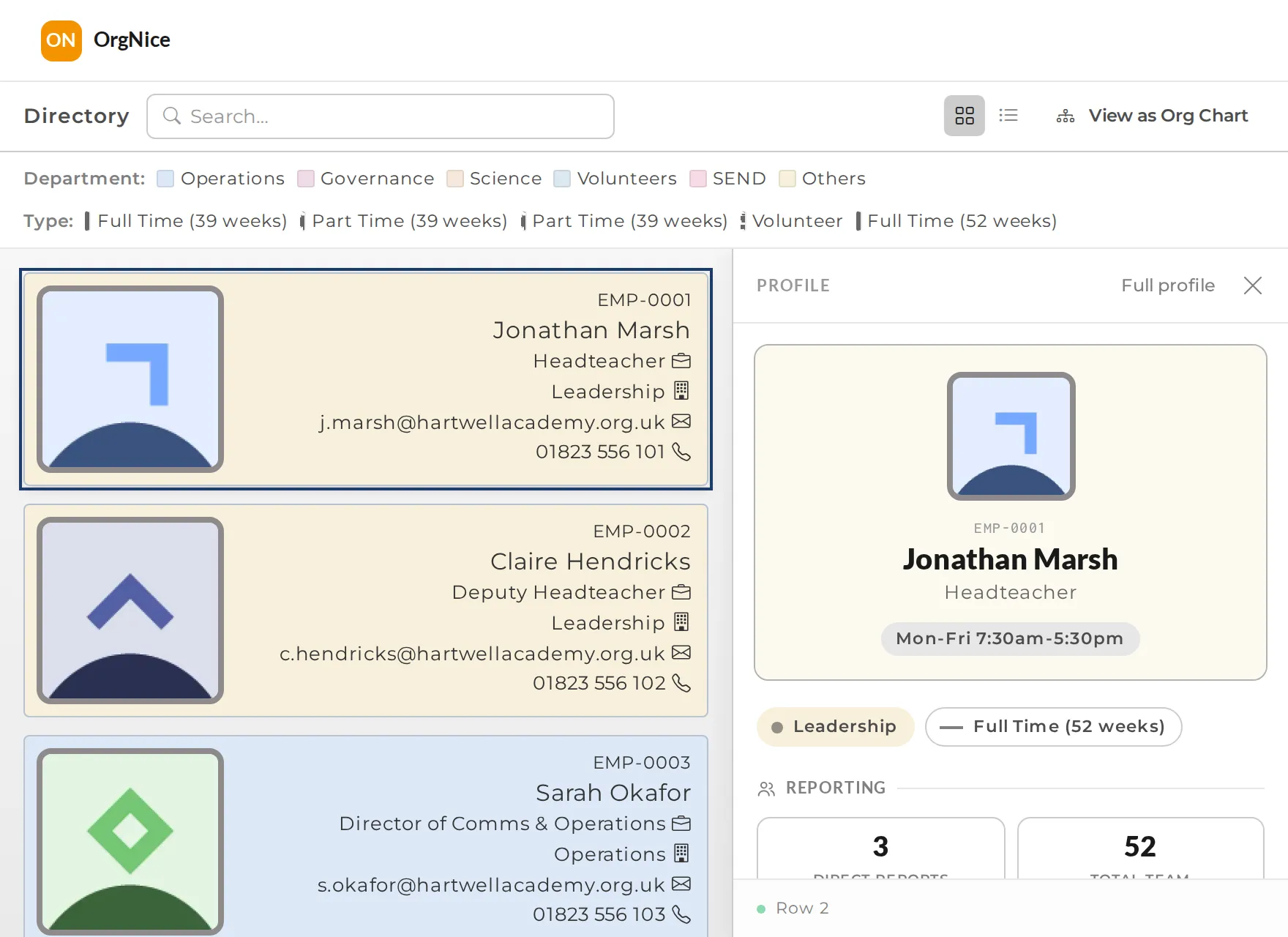 OrgNice staff directory showing staff cards colour coded by department, with a profile panel open