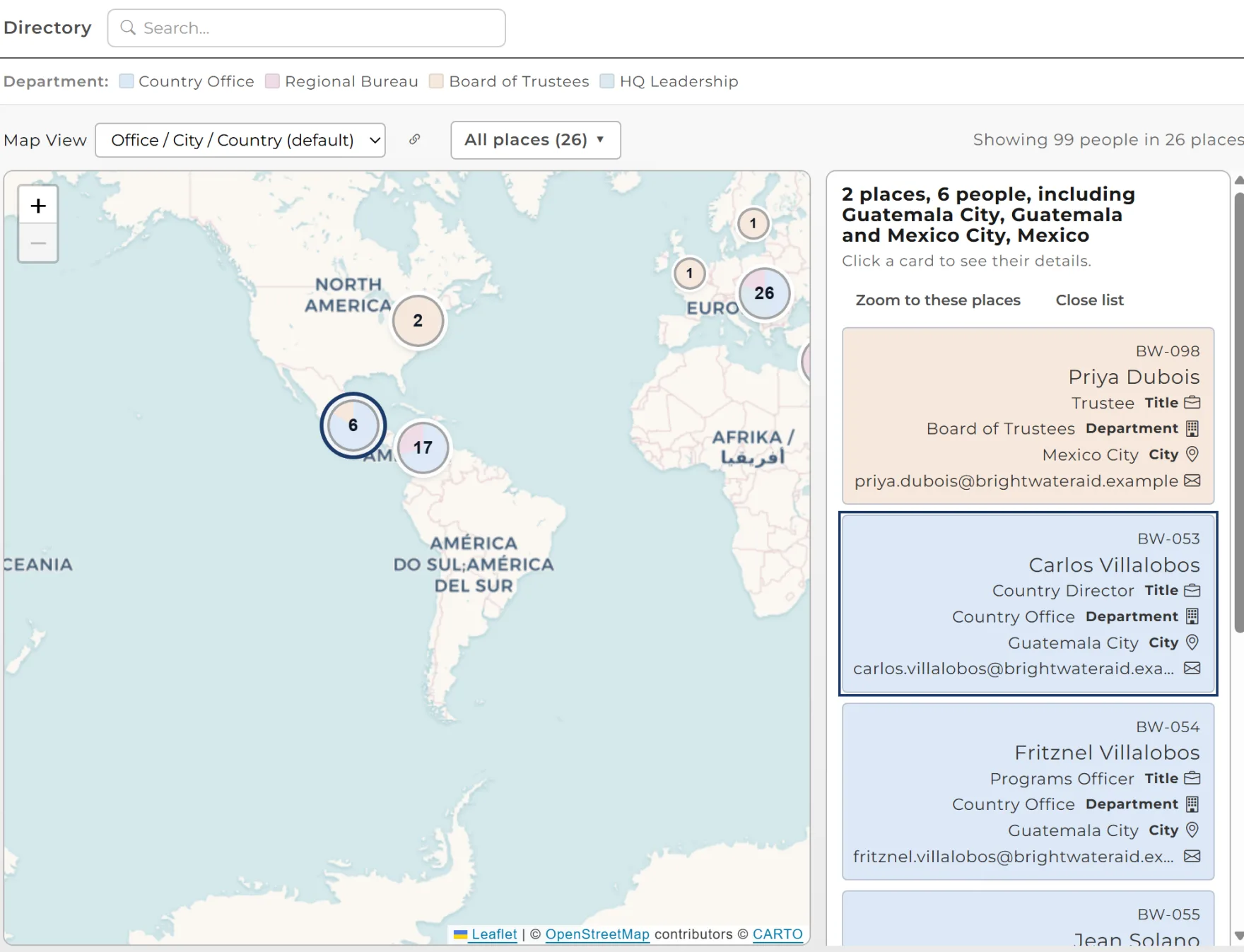 OrgNice Map View showing people as clustered pins on a world map, with a list of the people at the selected places